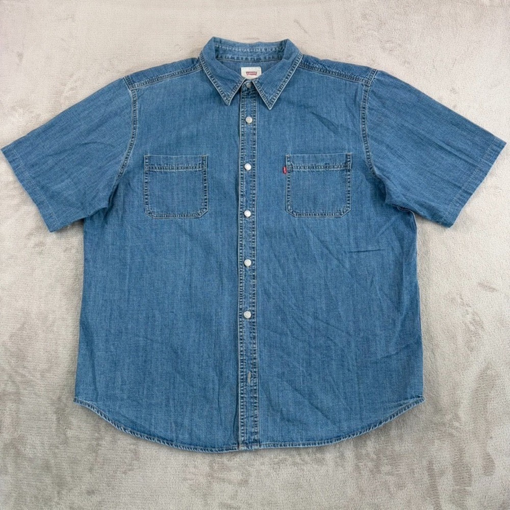 Vintage Levis Denim Metal Buttons Pocket Shirt Men 2XL Short Sleeve Y2K Work
